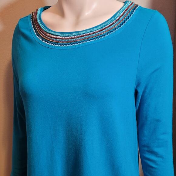 Crown & Ivy Turquoise Beaded Embroidered Blouse - Small Pom-Pom Hems Unique - Picture 2 of 9